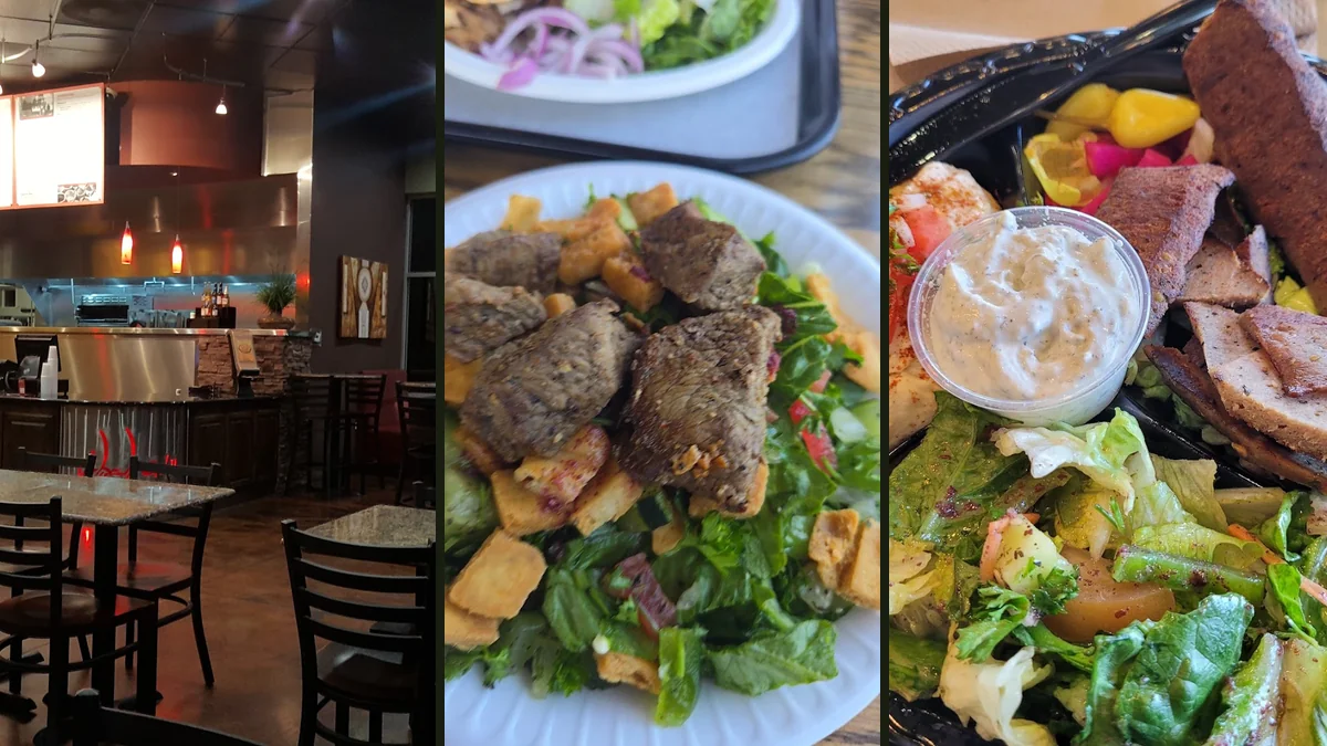 Counter service area beside a kebab restaurant menu.